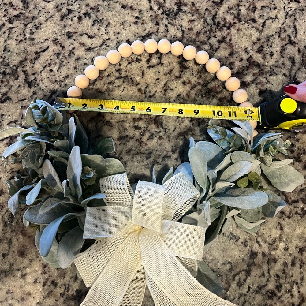 Farmhouse Wood Bead Wreath, adorned with faux Lamb's Ear & Eucalyptus leaves. - Picture 6 of 7